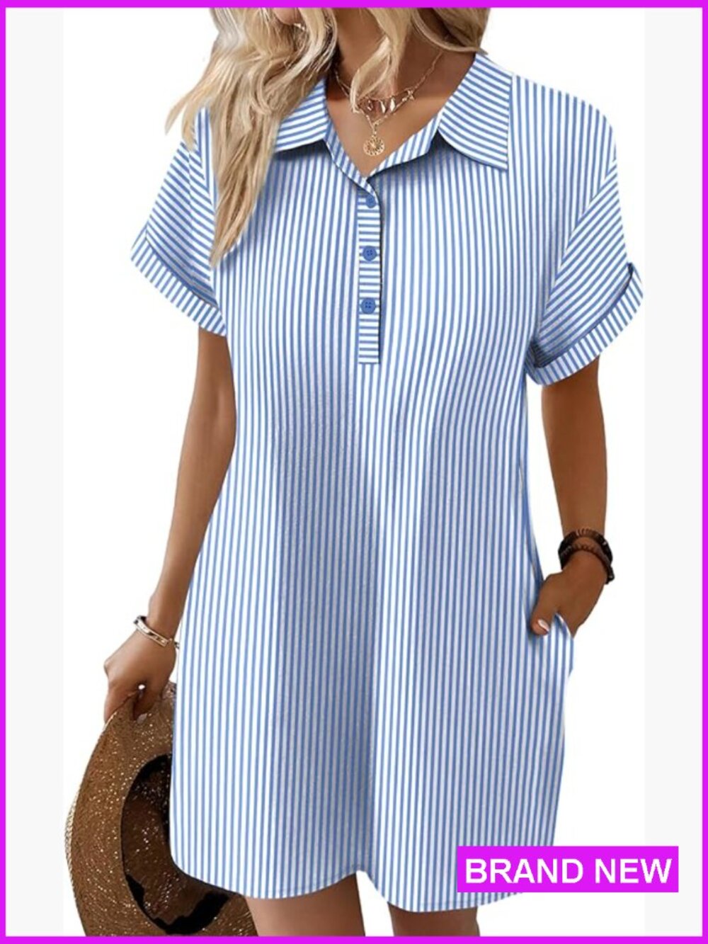 Cotton Shirt Dress Short Sleeve Button Down Casual Beach Cover Up Shift Dress